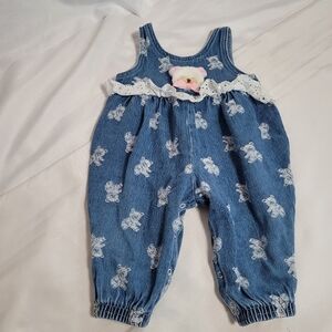 VTG Buster Brown Baby Girl Denim Bear Embroidered 1 Piece Overalls Size 12M